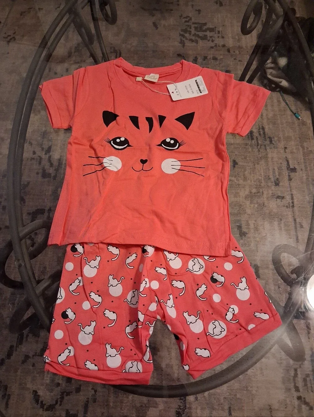 Girls Coral Cat Face Short Pajama Set - Cute Sleepwear